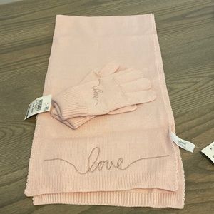 NWT light pink “love” scarf and glove set